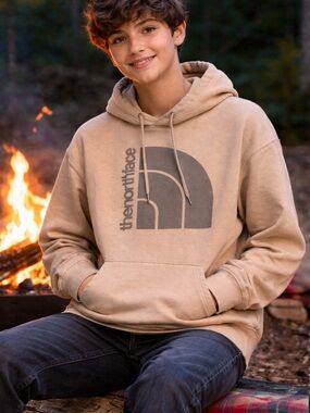 The North Face Men's Beige Hoodie with Gray Logo